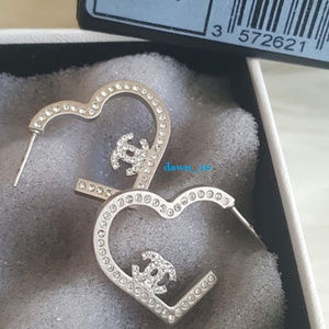 Chanel Crystal Heart Hoop Earrings, Silver